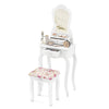 Elegant white makeup dressing table with three drawers and cushioned stool, perfect for organizing cosmetics.