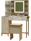 Makeup dressing table set in white with a lighted mirror, storage drawers, and cushioned stool for elegant beauty.