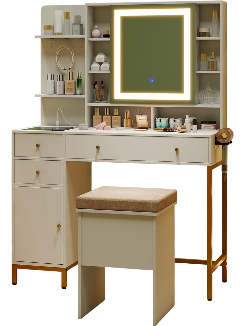 Makeup dressing table set in white with a lighted mirror, storage drawers, and cushioned stool for elegant beauty.