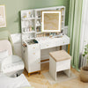 Makeup dressing table set in white with 3 lighting modes, storage compartments, and cushioned stool for beauty routines.