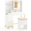 Makeup dressing table set in white with 3-color lighted mirror, storage drawers, and cushioned stool for beauty.