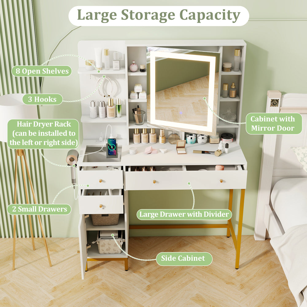 Makeup dressing table with 3-color lighted mirror, multiple storage options, and elegant tempered glass top for.