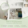 Makeup dressing table with built-in charging station, featuring 2 AC outlets and USB ports for convenience.