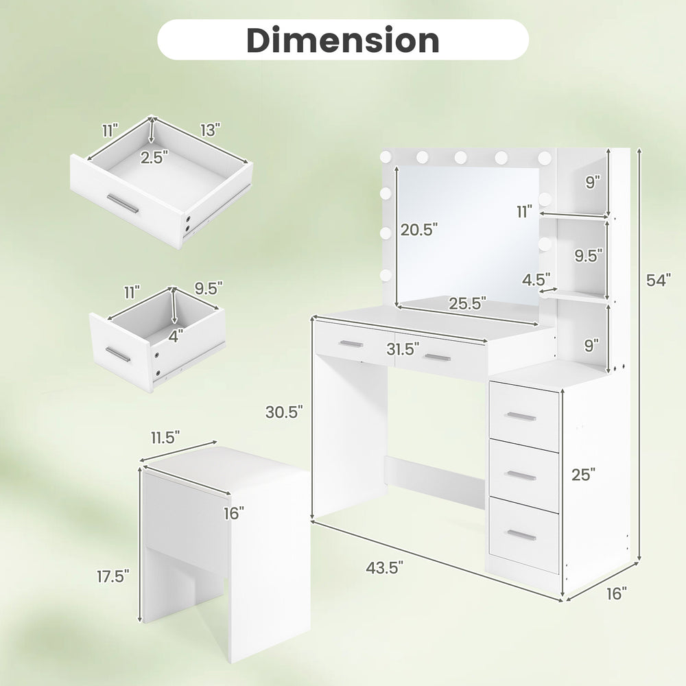 Makeup table with HD mirror, adjustable lighting, and hair dryer stand, featuring 5 drawers and modern white design.