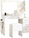Makeup table and stool set in white with HD mirror, adjustable lighting, and hair dryer stand for stylish organization.
