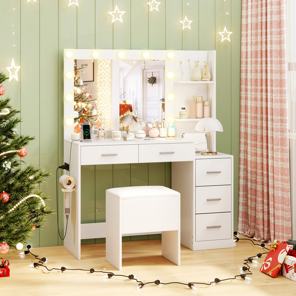 Makeup table and stool set in white with HD mirror, adjustable lighting, and hair dryer stand for organized beauty.