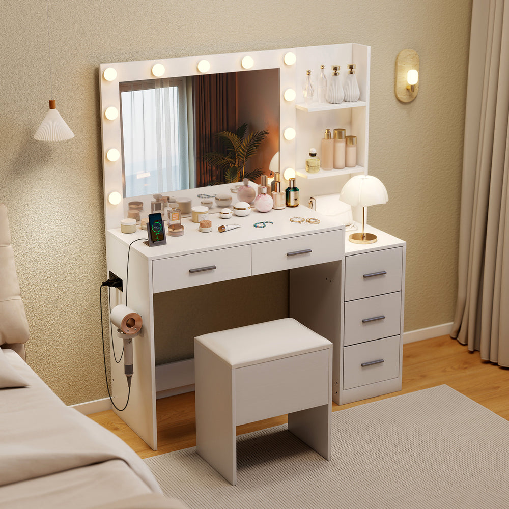 Makeup table and stool set in white with HD mirror, adjustable lighting, and hair dryer stand for elegant vanity use.