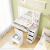 Makeup table and stool set in white with HD mirror, adjustable lighting, and multiple storage options for cosmetics.