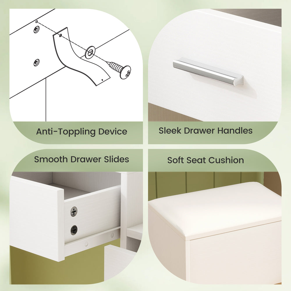 Sleek drawer handles and smooth slides on the white makeup table and stool set with hair dryer stand for stylish.