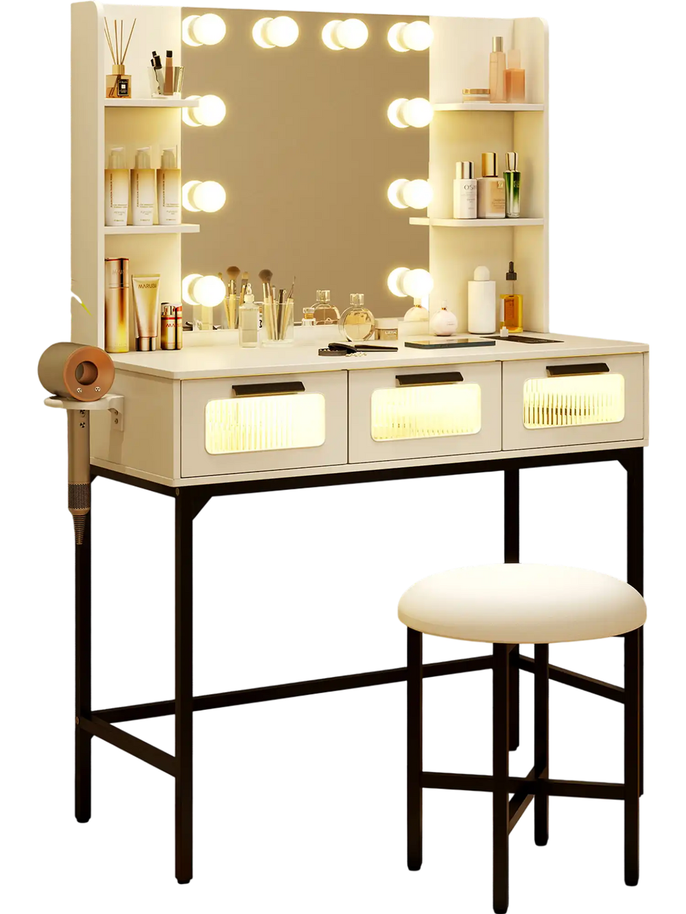 Bedroom makeup vanity desk with Hollywood mirror, 10 bulbs, and 3 pull-out drawers for organized beauty essentials.
