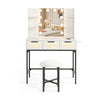 Bedroom makeup vanity desk in white with Hollywood mirror, LED lights, three drawers, and padded stool for beauty.
