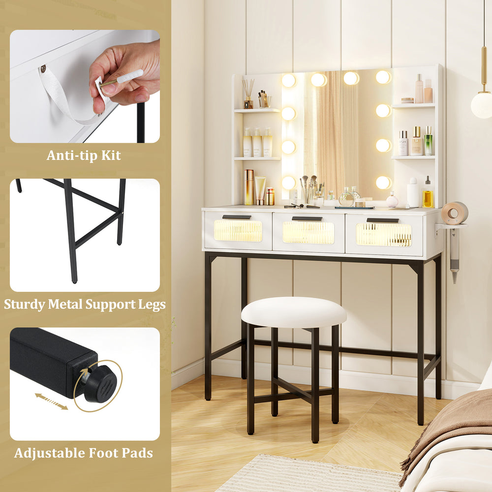 Bedroom makeup vanity desk with Hollywood mirror and lights, featuring adjustable brightness and sturdy metal legs.