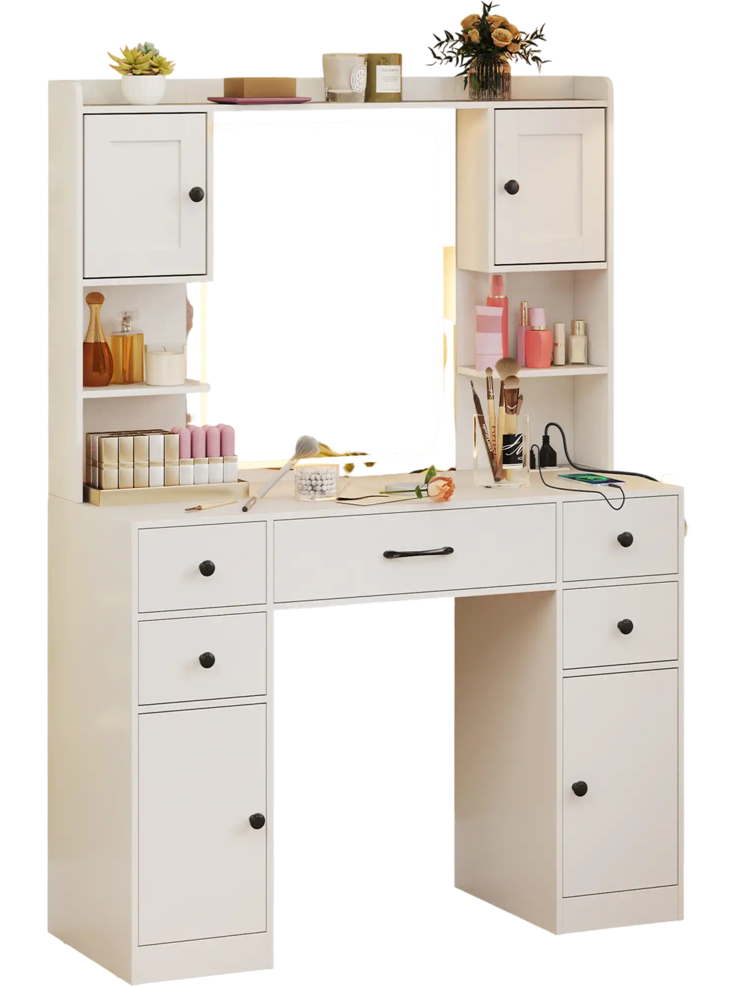 Costway Makeup Vanity Desk Lighted Mirror Charging Station White 421573986 New