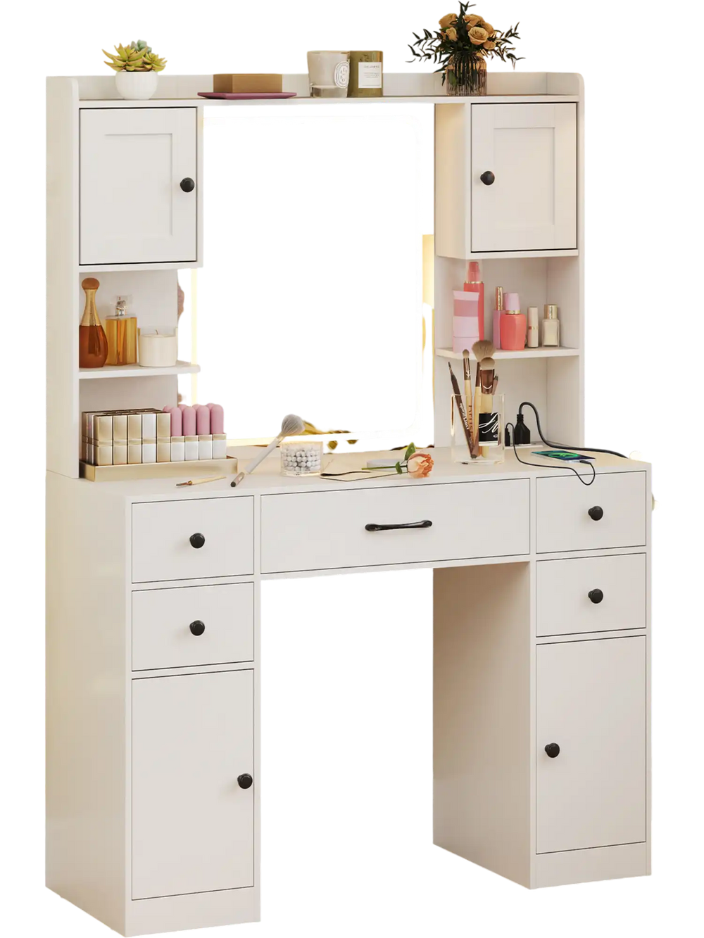 Makeup vanity desk in white with lighted mirror, adjustable shelves, and storage drawers for organized beauty.