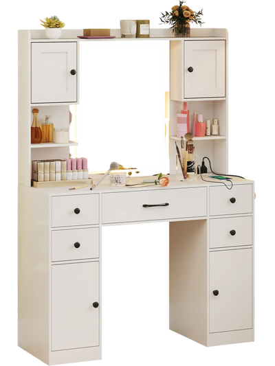 Costway Makeup Vanity Desk Lighted Mirror Charging Station White 421573986 New