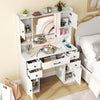 Top view of the makeup vanity desk in white, showcasing shelves, storage drawers, and a lighted mirror for efficient.