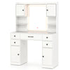 Makeup vanity desk in white with lighted mirror, storage drawers, and charging station for convenient organization.