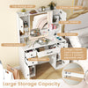 Makeup vanity desk in white featuring a lighted mirror, multiple storage options, and built-in charging station for.