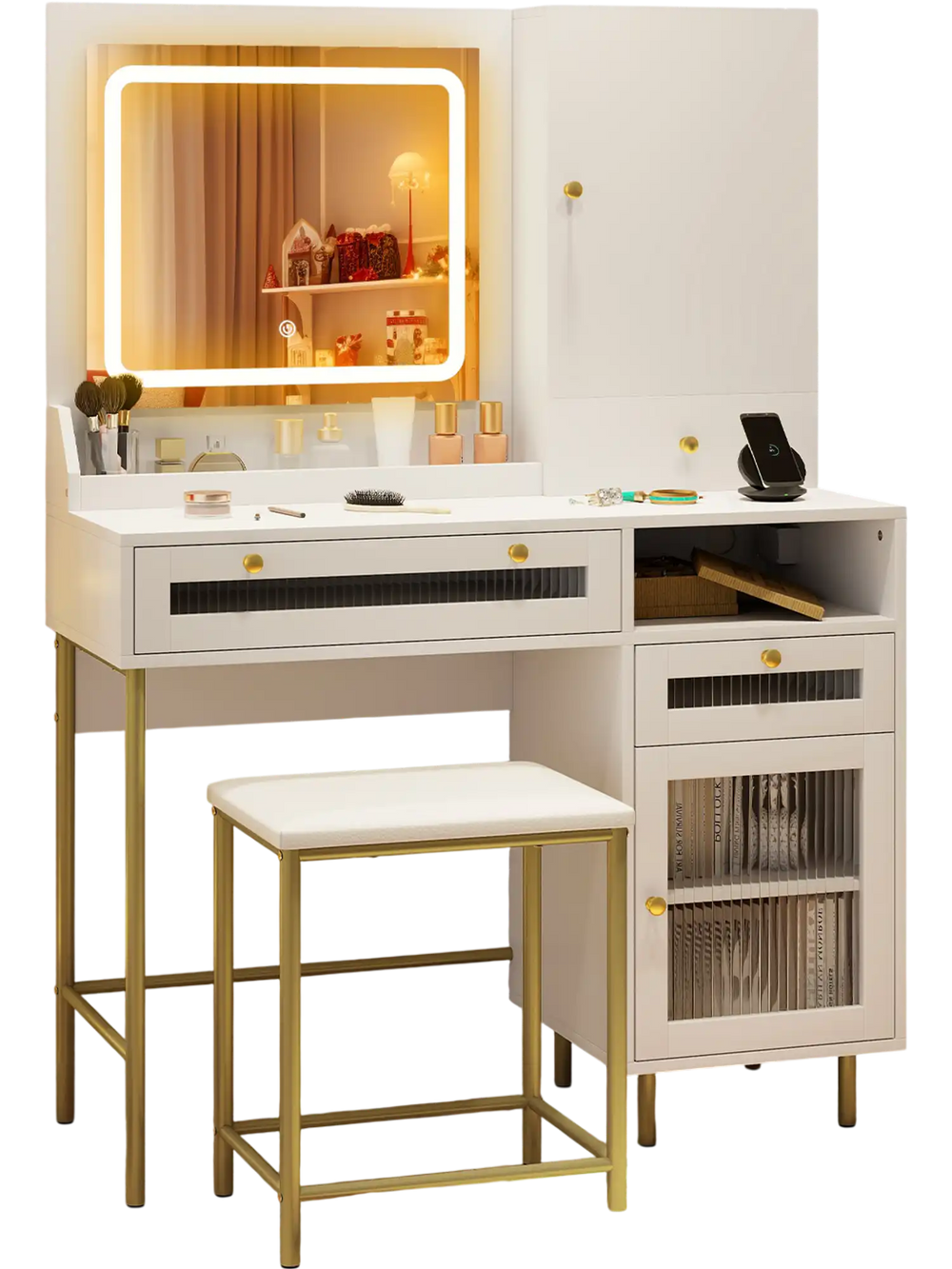 White modern makeup vanity desk with large storage cabinet, adjustable LED mirror, and matching stool for elegant.