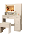Makeup vanity desk in white with mirror, LED lights, storage cabinets, and matching stool for organized beauty.