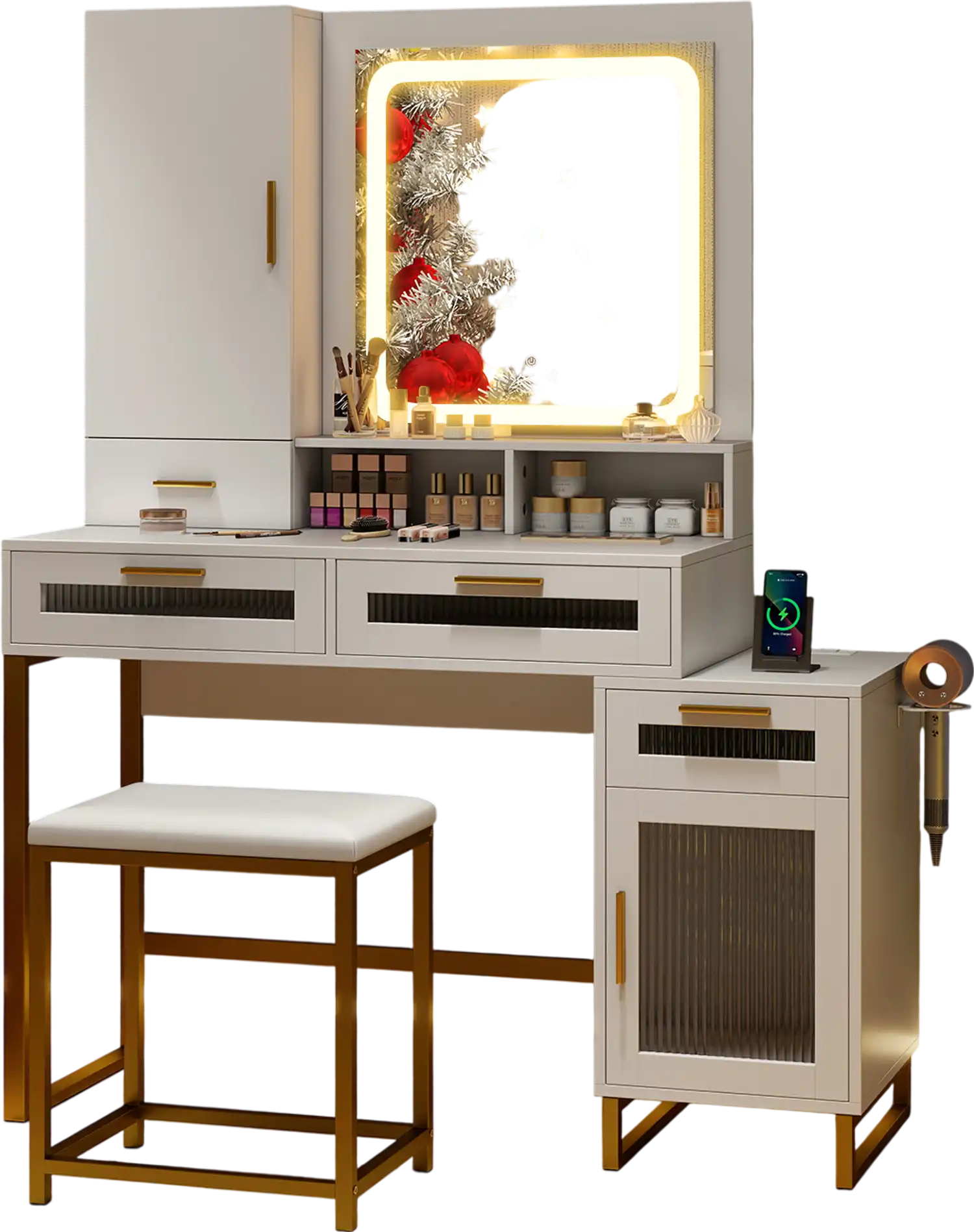 Costway Makeup Vanity Desk Dressing Table Stool Set Lighted Mirror White 28537461 New