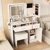 Makeup vanity desk in white with mirror, LED lights, and storage drawers, ideal for organized beauty routines.