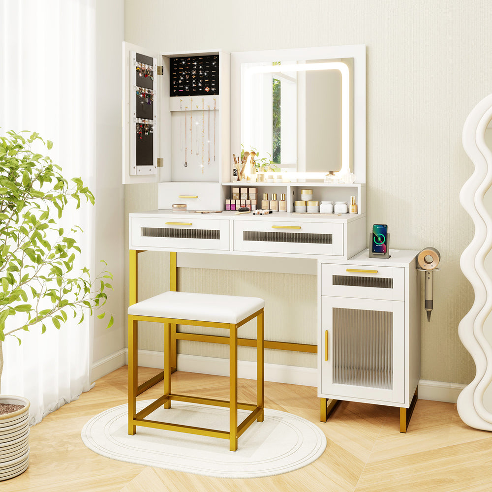 Makeup vanity desk set in white with lighted mirror, storage drawers, and matching stool for stylish organization.