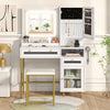 Modern makeup vanity desk in white with adjustable LED mirror, storage cabinet, and matching stool for organized beauty.