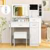 White makeup vanity desk with adjustable LED mirror, large storage drawers, and matching padded stool for beauty.