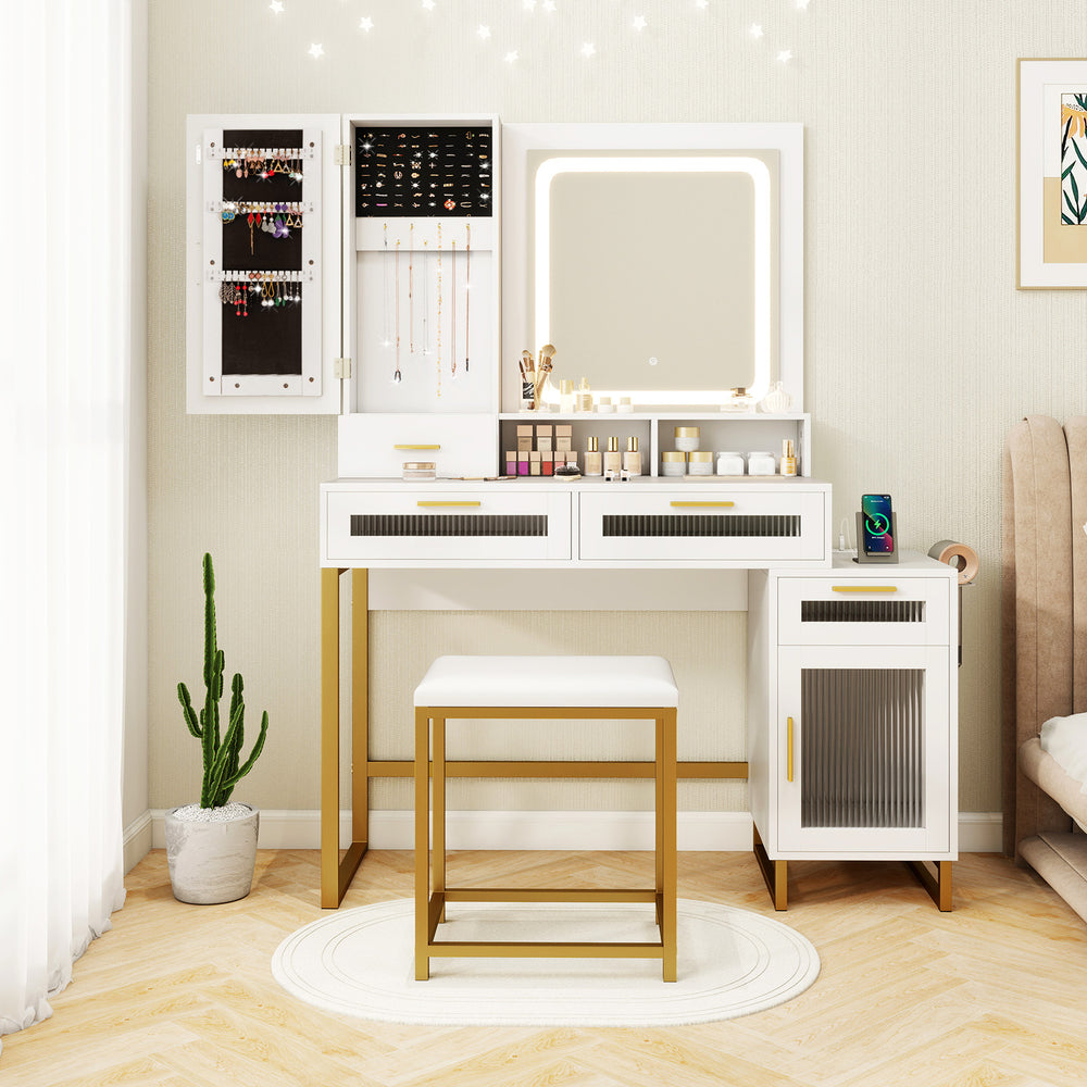 Makeup vanity desk set in white with lighted mirror, storage drawers, and matching stool for organized beauty routines.
