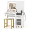 Modern makeup vanity desk in white with LED mirror, storage drawers, and matching stool for stylish organization.