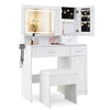 Makeup vanity desk set in white with adjustable LED mirror, storage cabinets, and matching stool for organized beauty.