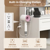 Makeup vanity desk with built-in charging station, featuring 2 AC outlets and 2 USB ports for convenient device.