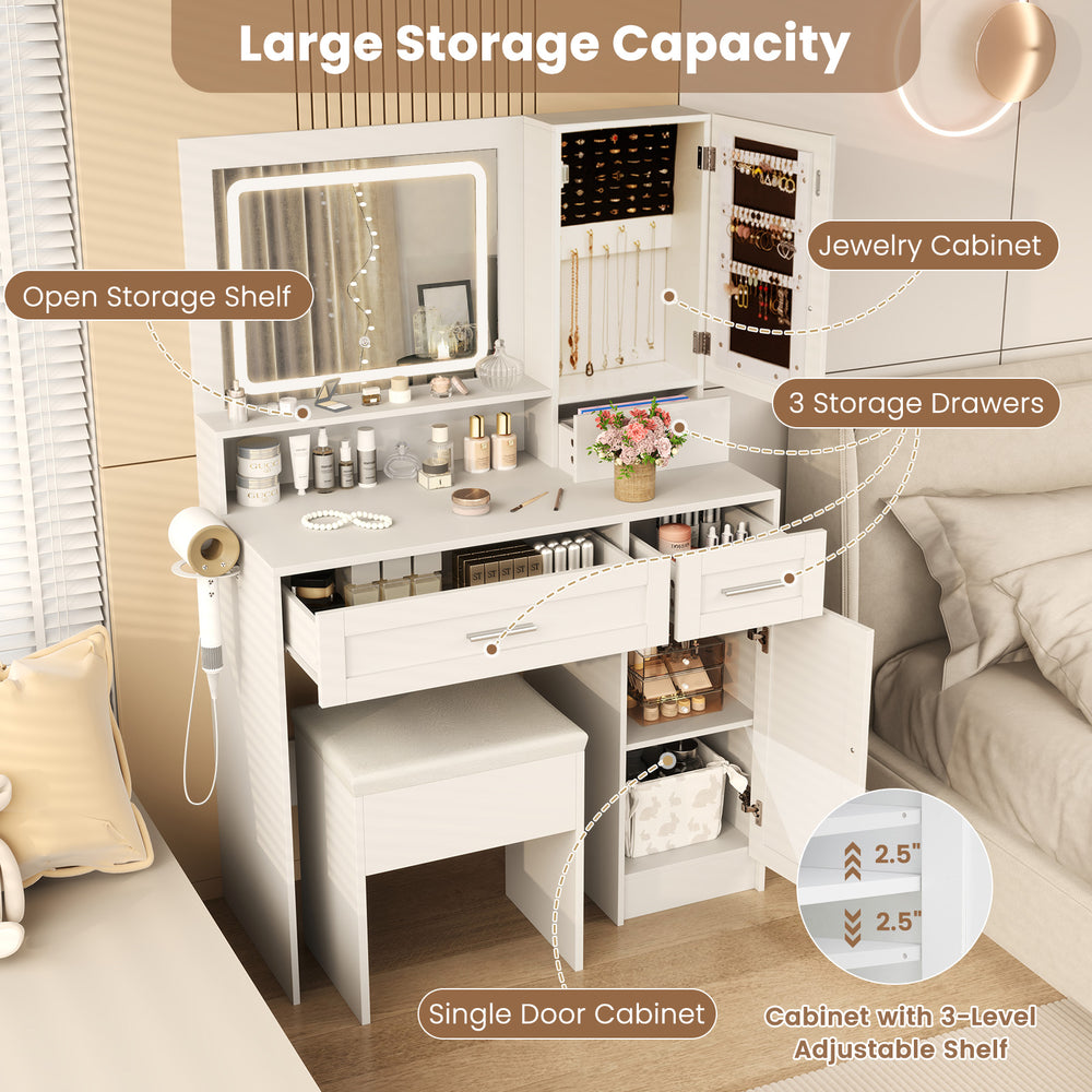Makeup vanity desk in white with mirror, LED lights, and large storage capacity for organized beauty essentials.