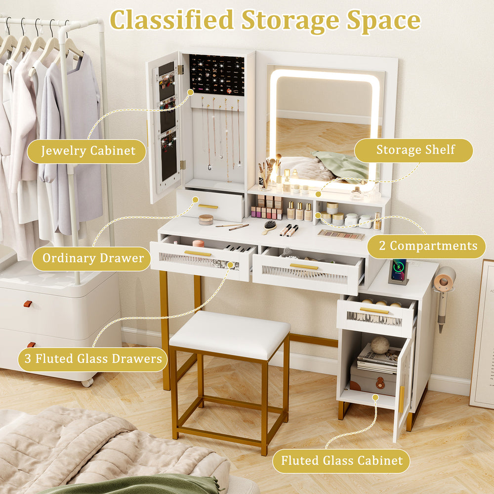 Makeup vanity desk set in white with lighted mirror, storage shelves, and fluted glass drawers for organized beauty.
