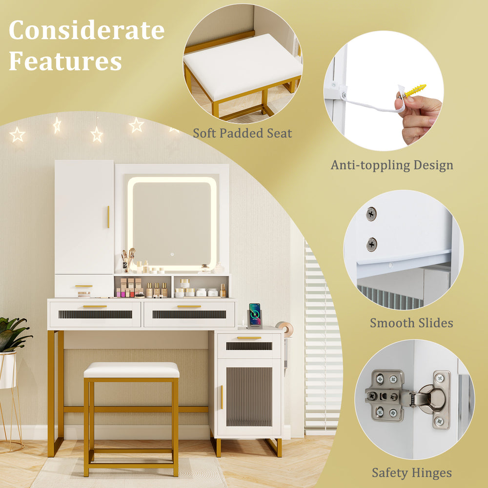 Makeup vanity desk set with lighted mirror, padded stool, and large storage for organized beauty essentials.