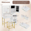 Modern makeup vanity desk with mirror, adjustable LED lights, and matching stool, featuring ample storage and USB ports.