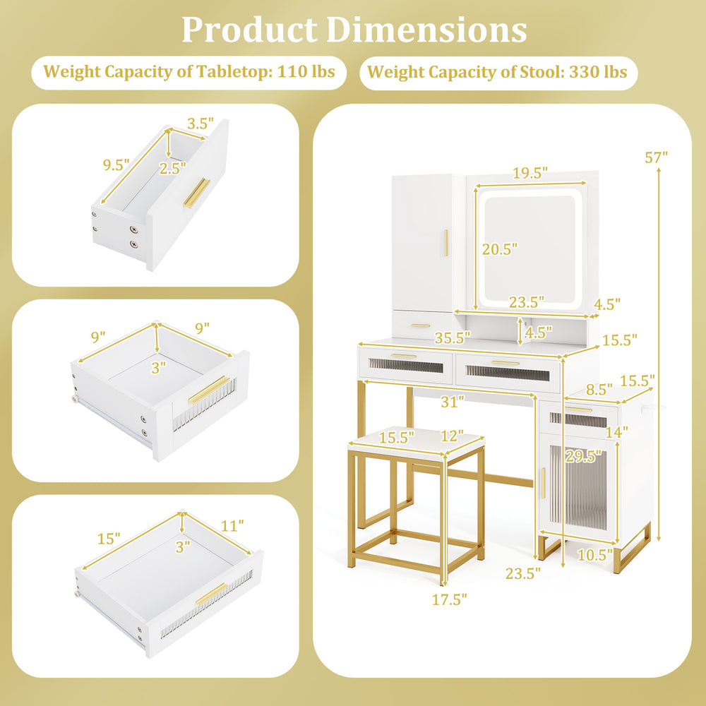 Makeup vanity desk dimensions with lighted mirror, white finish, and gold accents for stylish organization and storage.