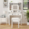 Makeup vanity desk in white with LED mirror, adjustable shelves, and matching stool for stylish storage and beauty.