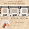 Makeup vanity desk with a 3-color LED mirror, featuring adjustable brightness and storage shelves, perfect for beauty.