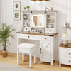 Makeup vanity desk in white with LED mirror, matching stool, and adjustable shelves, perfect for beauty routines.