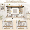 Sliding makeup mirror with 3-color LED lights and adjustable shelves for easy access to beauty items.