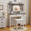 Makeup vanity desk in white with LED mirror, 6 shelves, 4 drawers, and matching stool for stylish organization.
