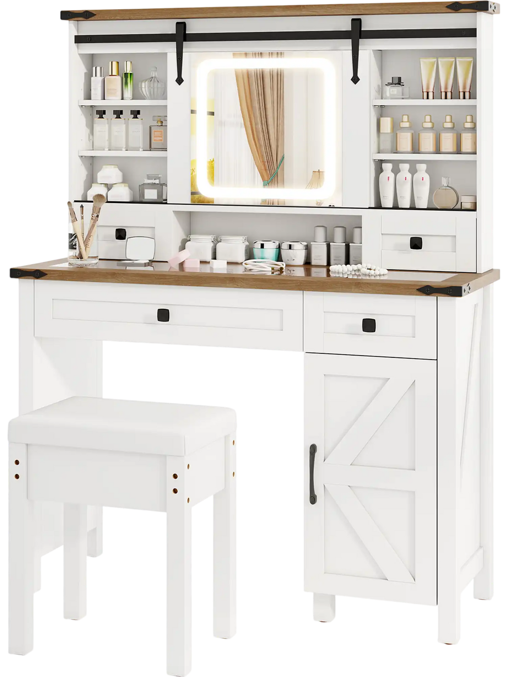 Makeup vanity desk in white with LED mirror, 6 shelves, 4 drawers, and matching stool for organized beauty storage.