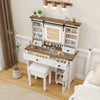 Makeup vanity desk in white with LED mirror, adjustable shelves, and matching stool for organized beauty essentials.