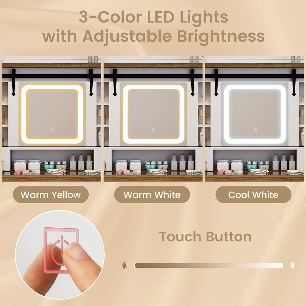 Makeup vanity desk with a mirror featuring 3-color dimmable LED lights and adjustable brightness for versatile lighting.