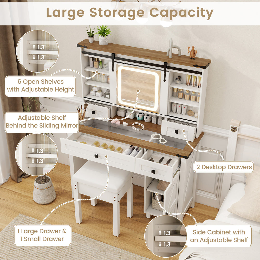 Makeup vanity desk in white with LED mirror, 6 adjustable shelves, and 4 drawers for organized storage.