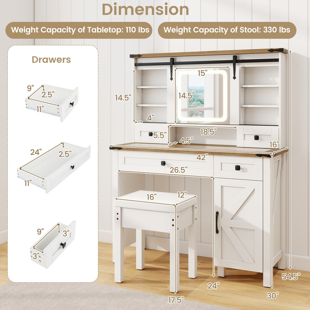 Makeup vanity desk in white with mirror, 3-color LED lights, 4 drawers, and adjustable shelves for organized storage.