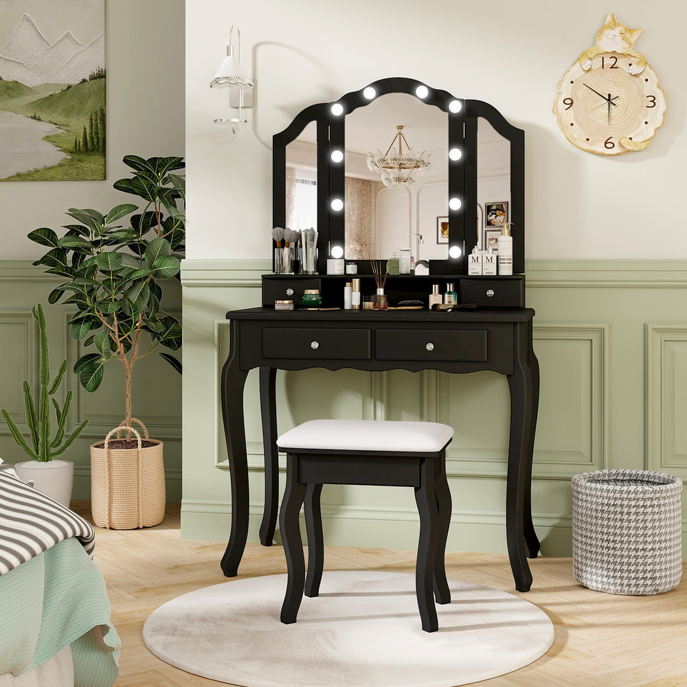 Makeup Vanity Table Set with Lighted Mirror and Drawers-Black - Gallery View 1 of 10