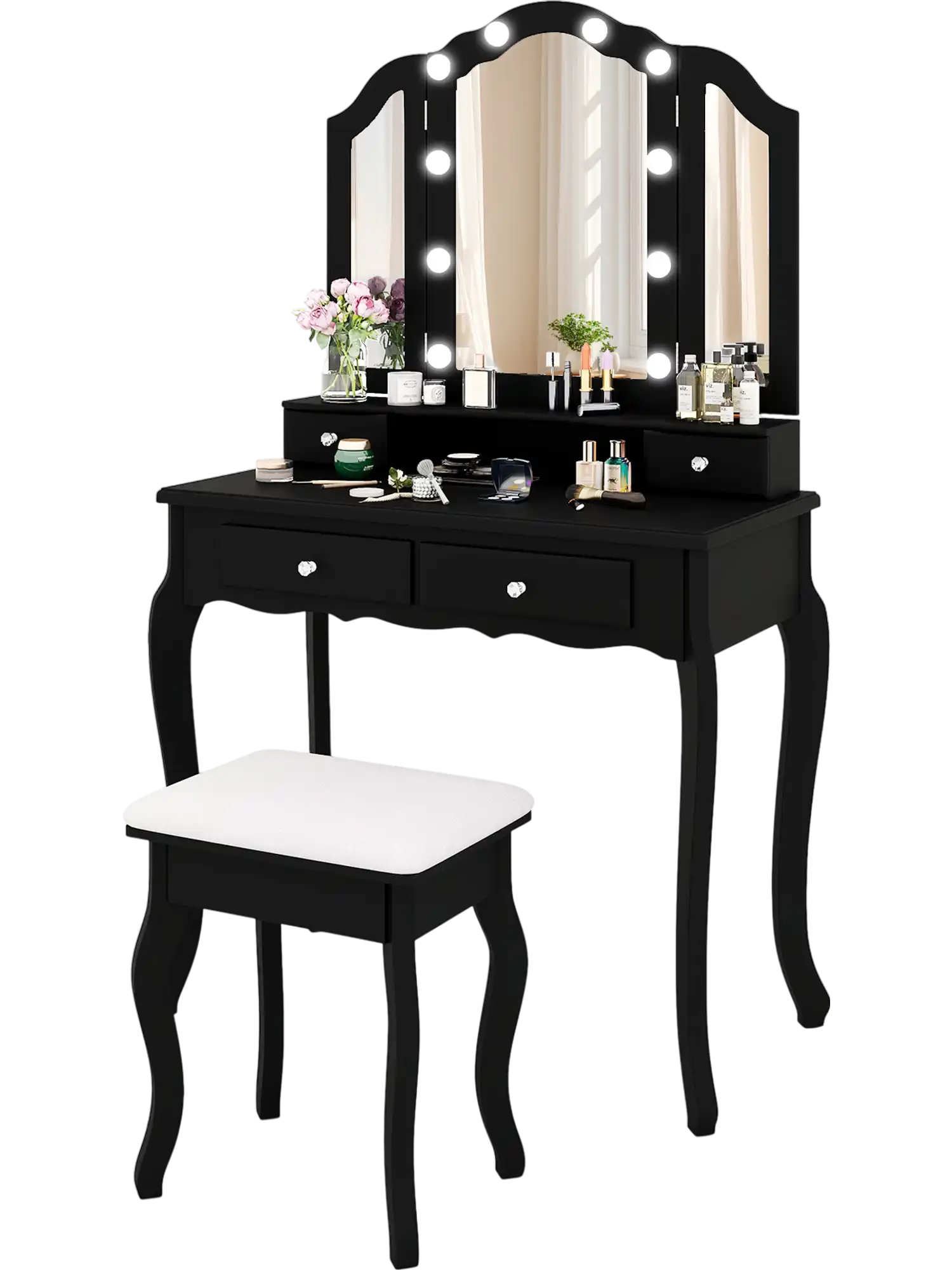 Costway Lighted Makeup Vanity Table Set w/ Mirror Drawers 19274586 New